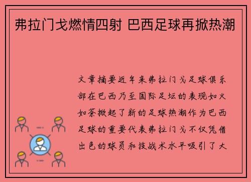 弗拉门戈燃情四射 巴西足球再掀热潮